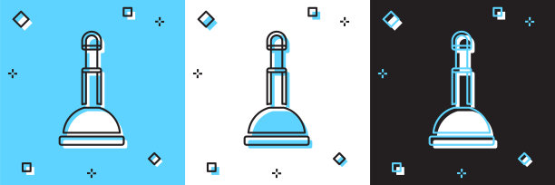 设置橡胶柱塞与木柄管道清洗图标隔离在蓝色和白色，黑色背景。刷马桶的刷子。向量图片下载