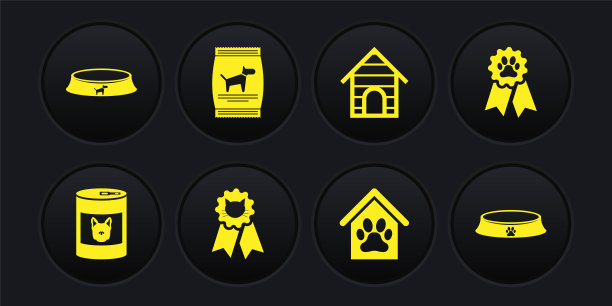 设置罐头食品的狗，宠物奖符号，猫，狗屋和爪子印宠物，和袋的图标。向量图片下载