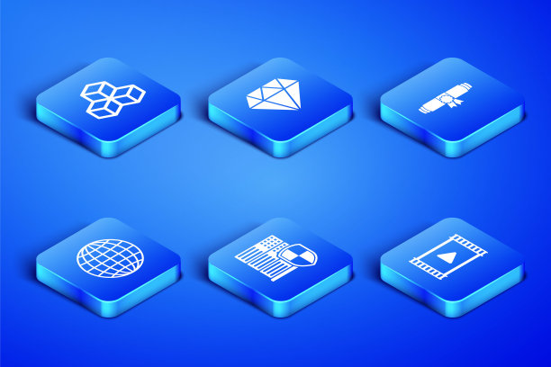 设置播放视频，等距立方体，服务器与盾牌，地球地球，钻石和文凭滚动图标。向量图片下载