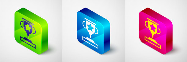 等距奖杯图标孤立在灰色背景。冠军奖杯的象征。冠军或比赛奖杯。体育成就的迹象。方形按钮。向量图片下载