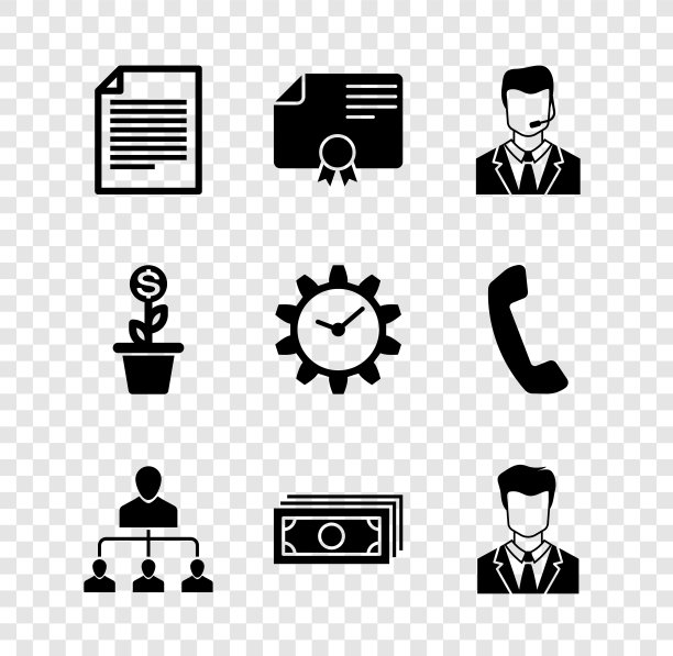 设置文件，证书模板，带耳机的男人，推荐营销，堆栈纸币现金和男人西装图标用户。向量图片下载