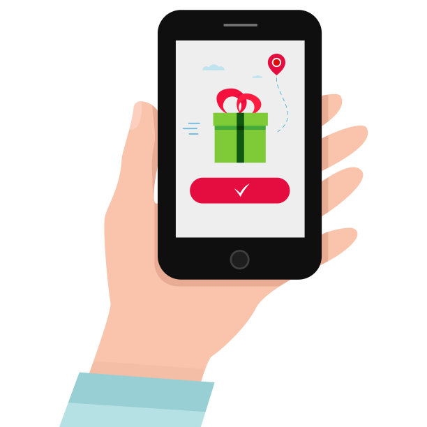 手持智能手机，屏幕上有礼品盒图片下载