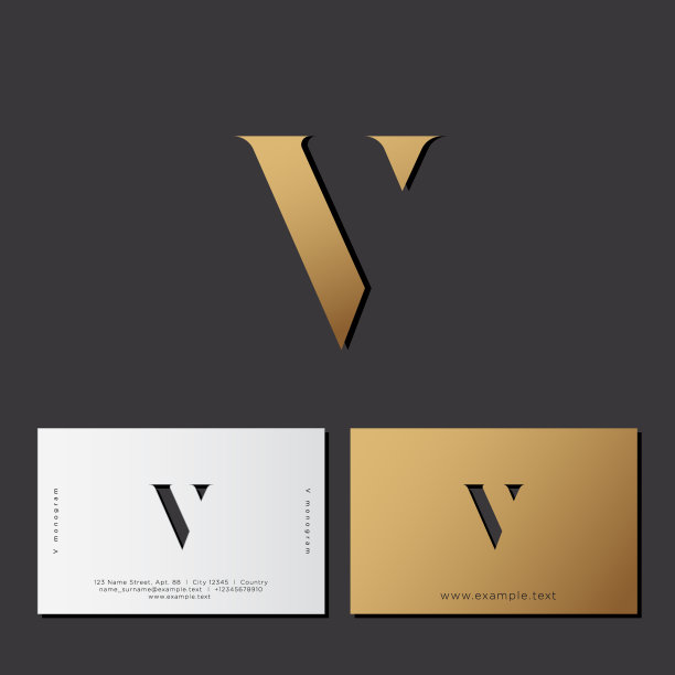 V的信。光学错觉金字母。黑色背景上的金色V标志。的身份。的名片。图片下载