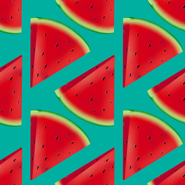 色彩斑斓的西瓜片。夏天的氛围。最初的创意说明。数字艺术。杂货店平面设计。包装纸。水果。维生素。素食主义者。无休止的重复模式。图片下载