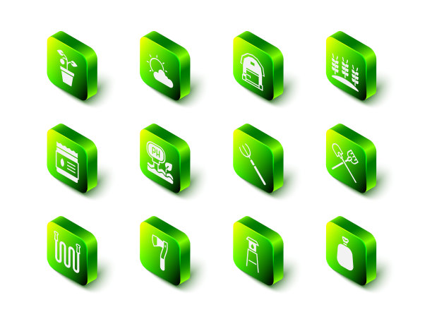 日落和云天气，农场房子，小麦，铲子，满袋，花园干草叉，水塔和木斧图标。向量图片下载