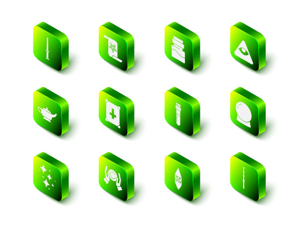 设置古代魔法书，瓶子与药水，石匠，魔法球，魔杖，巫师术士和手图标。向量图片下载