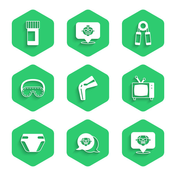 设置骨头疼痛，祖父，复古电视，成人尿布，眼睛睡眠面罩，运动扩张器和药瓶药丸图标。向量图片下载