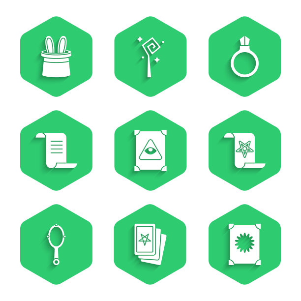 集古代魔法书，三塔罗牌，魔法手镜，宝石石戒指和魔术师帽子兔子耳朵图标。向量图片下载