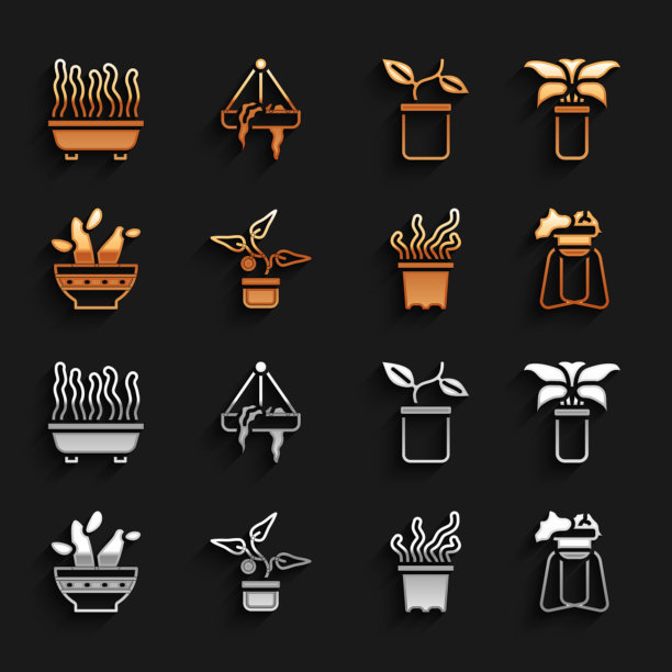 设置植物在花盆，异国热带植物，站，仙人掌peyote，和挂图标。向量图片下载