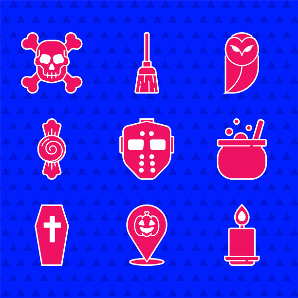 设置曲棍球面具，南瓜，燃烧的蜡烛，万圣节女巫大锅，棺材与十字架，糖果，猫头鹰和骷髅的图标。向量图片下载