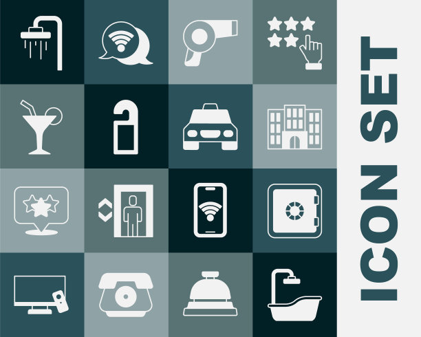 浴缸、保险箱、酒店大楼、电吹风、请勿打扰、鸡尾酒会、淋浴、出租车图标。向量图片下载