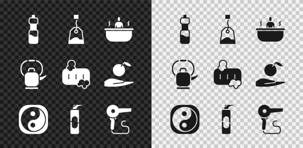 水瓶，茶包，浴缸，阴阳，发胶喷雾罐，吹风机，带把手的水壶和香皂泡沫图标。向量图片下载