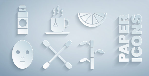 耳部棉签，柑橘类水果，面部化妆面膜，竹茎带叶，杯茶茶包和乳霜护肤管图标。向量图片下载