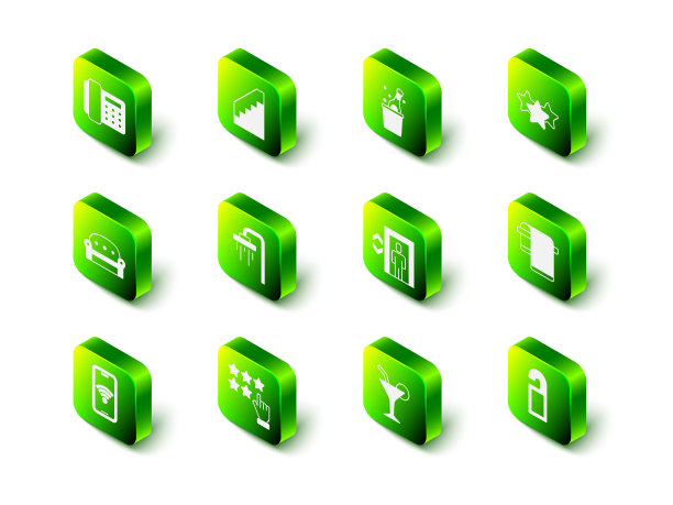 设置楼梯，香槟瓶，星级评定，挂毛巾，请勿打扰，电梯，鸡尾酒和图标。向量图片下载