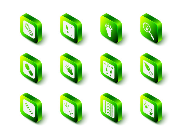 设置人类脚印鞋，熊掌，爪子搜索，安全距离，轮胎轨迹和鸽子图标。向量图片下载