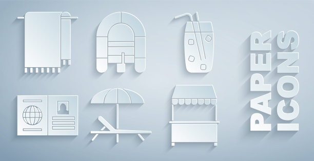 设置太阳床和伞，鸡尾酒酒精饮料，护照，街道摊位与雨棚，筏船和毛巾衣架图标。向量图片下载