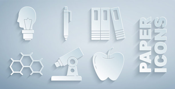 集显微镜，办公文件夹，化学配方，苹果，钢笔和灯泡的概念的想法图标。向量图片下载