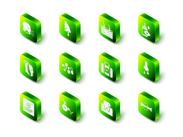 集流鼻涕，毛发覆盖皮肤，眼药水瓶，骨痛，急救箱，牙齿与龋齿和轮椅图标。向量图片下载