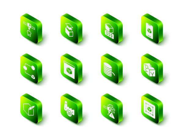 设置图层，3D打印机服务，软件，等长立方体，几何图形立方体，灯丝，警告和打印房屋行业图标。向量图片下载