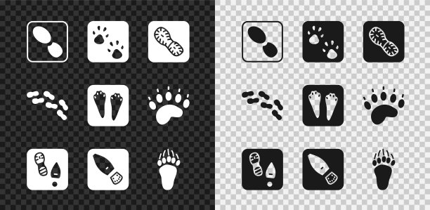设置人类脚印鞋，爪子，熊掌，兔子和野兔图标。向量图片下载