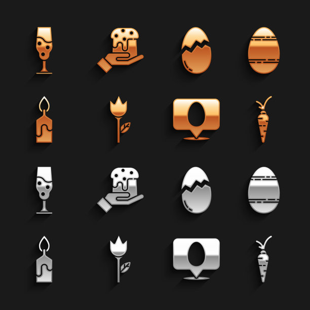 集郁金香，复活节彩蛋，胡萝卜，复活节演讲泡沫，燃烧的蜡烛，破碎，酒杯和人的手蛋糕图标。向量图片下载