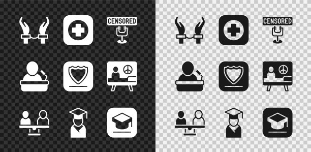 罪犯手上的手铐，医院招牌，审查邮票，性别平等，毕业生毕业帽，毕业，发言人和盾牌图标。向量图片下载