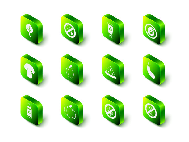 无肉，有机化妆品，茄子，包装牛奶，西瓜，无麸质谷物和南瓜图标。向量图片下载