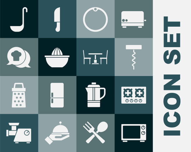 集微波炉、煤气炉、葡萄酒开瓶器、砧板、柑桔果汁机、厨师帽语音泡泡、厨房勺子、木桌和椅子图标。向量图片下载