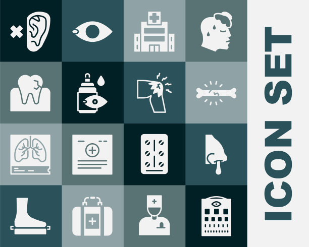 集视力检查表，流鼻涕，骨痛，医院大楼，滴瓶，龋齿，聋人和关节膝盖图标。向量图片下载