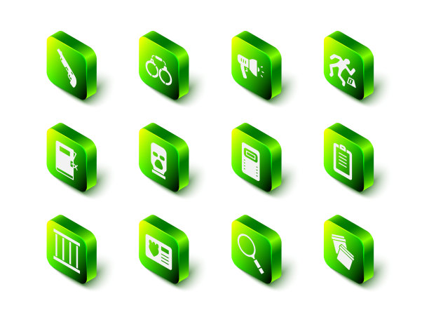 设置手铐，警察扩音器，犯罪现场，报告，带自封的塑料袋，攻击盾牌，放大镜搜索和徽章id案件图标。向量图片下载