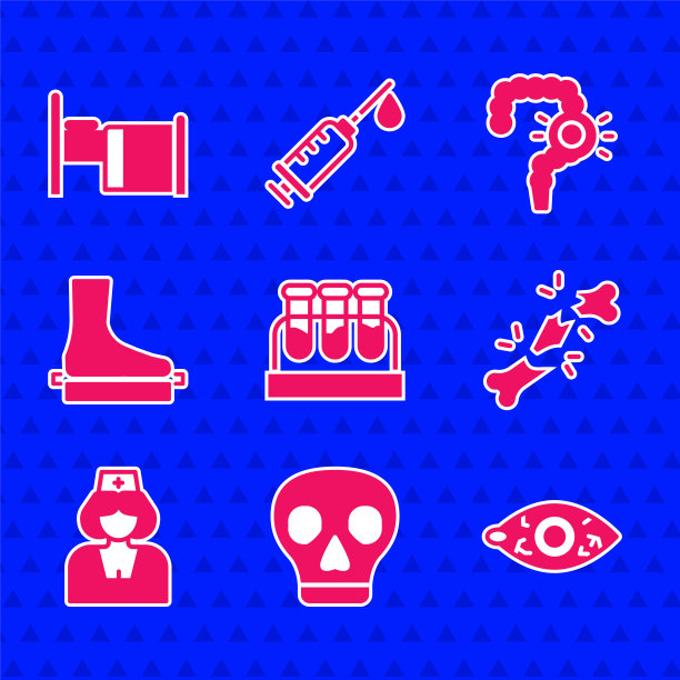 设置试管与血液，头骨，红色的眼睛，人类骨折，护士，扁平足，肠道便秘和医院病床图标。向量图片下载