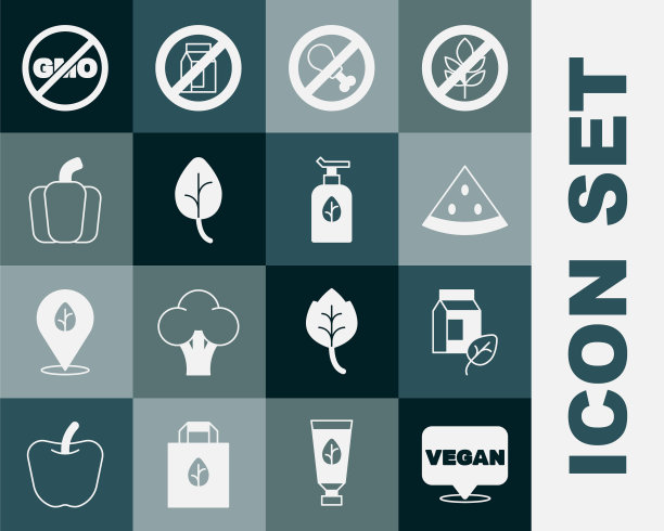集素食饮食，牛奶，西瓜，无肉，叶子或树叶，甜椒，转基因和有机化妆品图标。向量图片下载