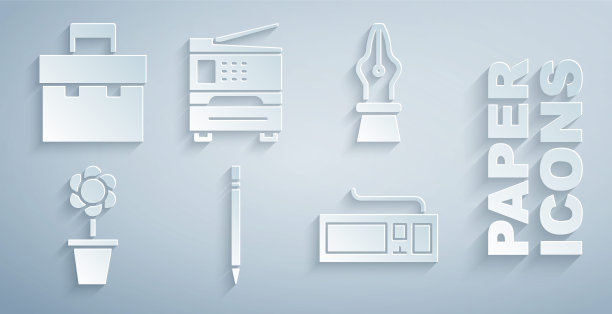 设置铅笔与橡皮擦，钢笔笔尖，花盆，键盘，打印机和公文包图标。向量图片下载