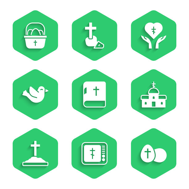 集圣经书，网上教会牧师布道，复活节彩蛋，教堂建筑，十字架，鸽子，宗教心和篮子复活节彩蛋图标。向量图片下载