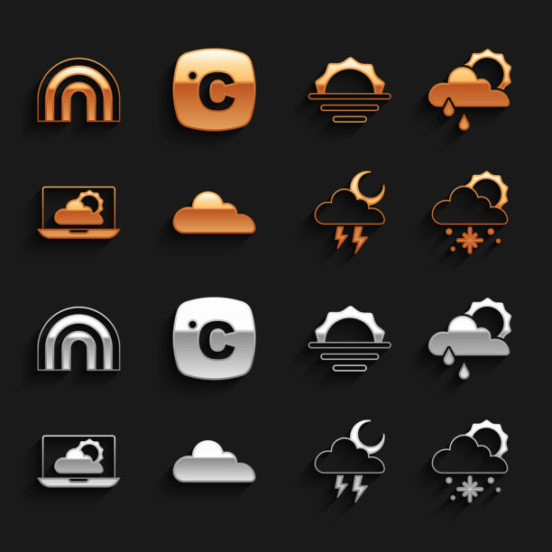 集云，有雨和太阳，雪，风暴，天气预报，日出，彩虹和摄氏度图标。向量图片下载