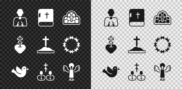 手放在祈祷的位置，圣经，彩色玻璃，鸽子，牧师，天使，宗教十字架心和坟墓的图标。向量图片下载