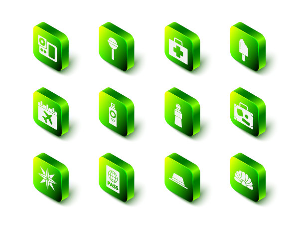 套装棒棒糖，急救箱，冰淇淋，手提箱，扇贝海贝壳，瓶装水，带丝带的男帽和护照图标。向量图片下载