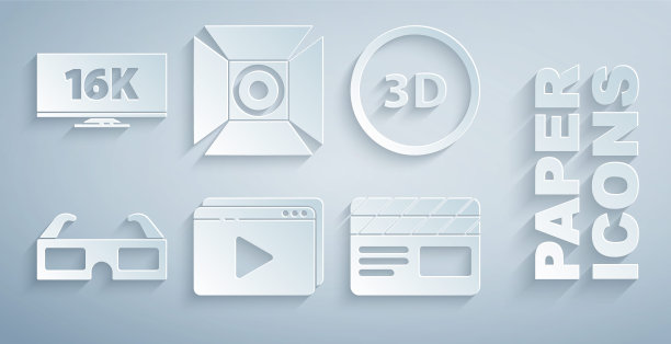 设置在线播放视频，3D文字，电影眼镜，电影拍板，聚光灯和屏幕电视16k图标。向量图片下载