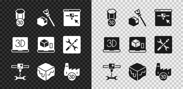 设置3D打印机，等角立方体，设置扳手，扳手，印刷厂，图标。向量图片下载