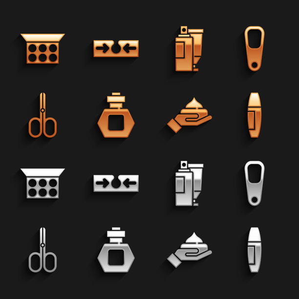 设置香水，浮石脚，睫毛刷，霜乳液化妆管，剪刀，化妆粉与镜子和痤疮图标。向量图片下载