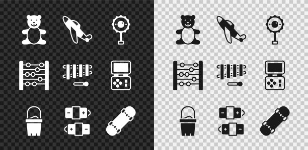 设置泰迪熊毛绒玩具，玩具飞机，拨浪鼓宝宝，桶里的沙子，电池，滑板，算盘和木琴图标。向量图片下载