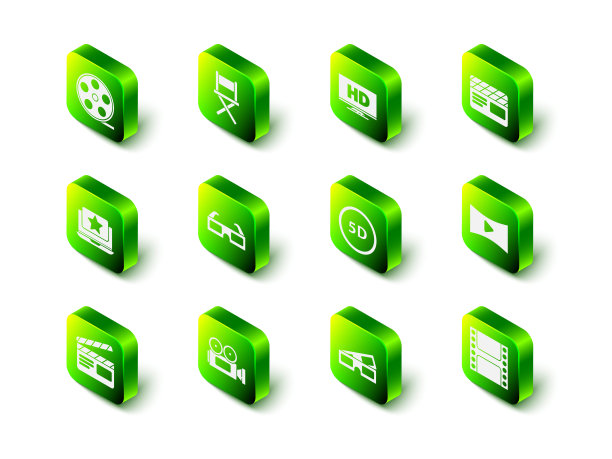 设置导演电影椅，智能高清视频显示，电影拍板，在线，播放视频，5d虚拟现实，3D影院眼镜和影院摄像头图标。向量图片下载
