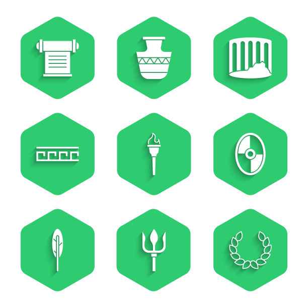 设置火炬火焰，海神三叉戟，月桂花环，希腊盾，羽毛笔，古代图案，柱和法令，羊皮纸，卷轴图标。向量图片下载