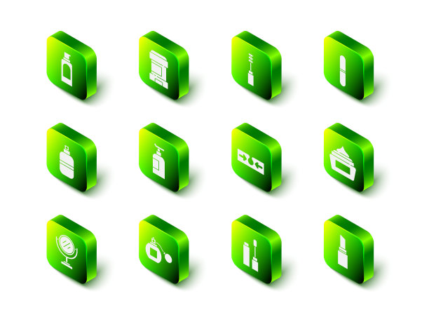 设置止汗除臭剂卷，睫毛刷，指甲锉刀，护肤霜化妆品管，口红，痤疮，和香水图标。向量图片下载