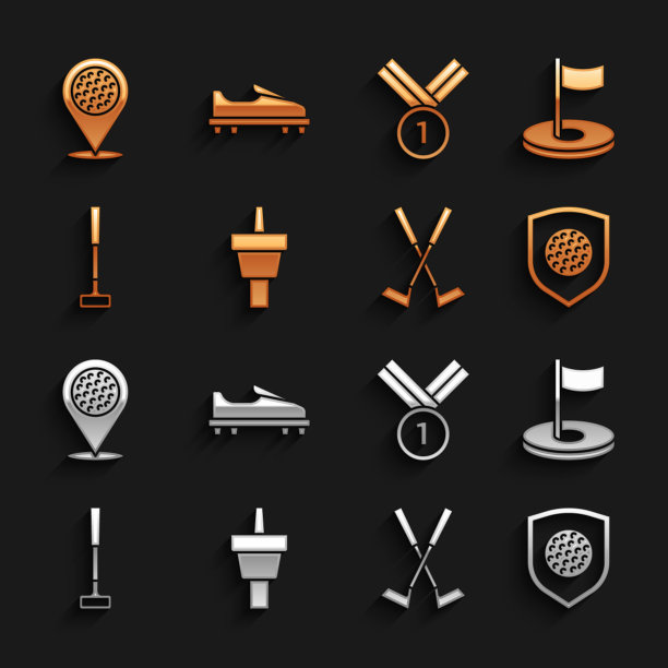 设置高尔夫球tee，洞与旗，球盾，交叉高尔夫俱乐部，奖章，地点运动和鞋图标。向量图片下载