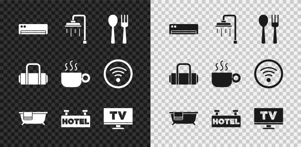 设置空调，淋浴，叉子和勺子，浴缸，招牌与文本酒店，智能电视，手提箱和咖啡杯图标。向量图片下载