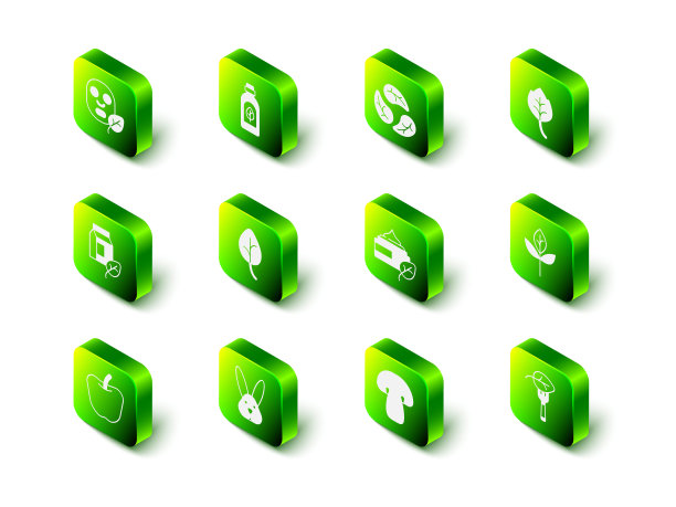 设置精油瓶，叶子或叶子，素食饮食，有机化妆品，蘑菇和动物虐待自由图标。向量图片下载