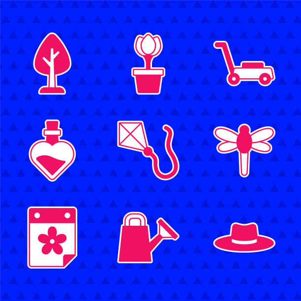 集风筝，浇水罐，园丁工人帽子，蜻蜓，日历与花，瓶爱情药水，割草机和森林图标。向量图片下载