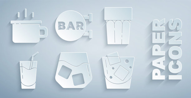 Set Glass of whiskey, with water, Cocktail, Street signboard Bar and Coffee cup icon。向量图片下载