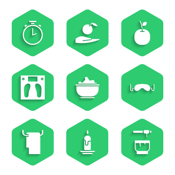 将海盐放入碗中，燃烧的蜡烛，蜂蜜勺，眼睛睡眠面具，毛巾架，浴室天平，苹果和秒表图标。向量图片下载